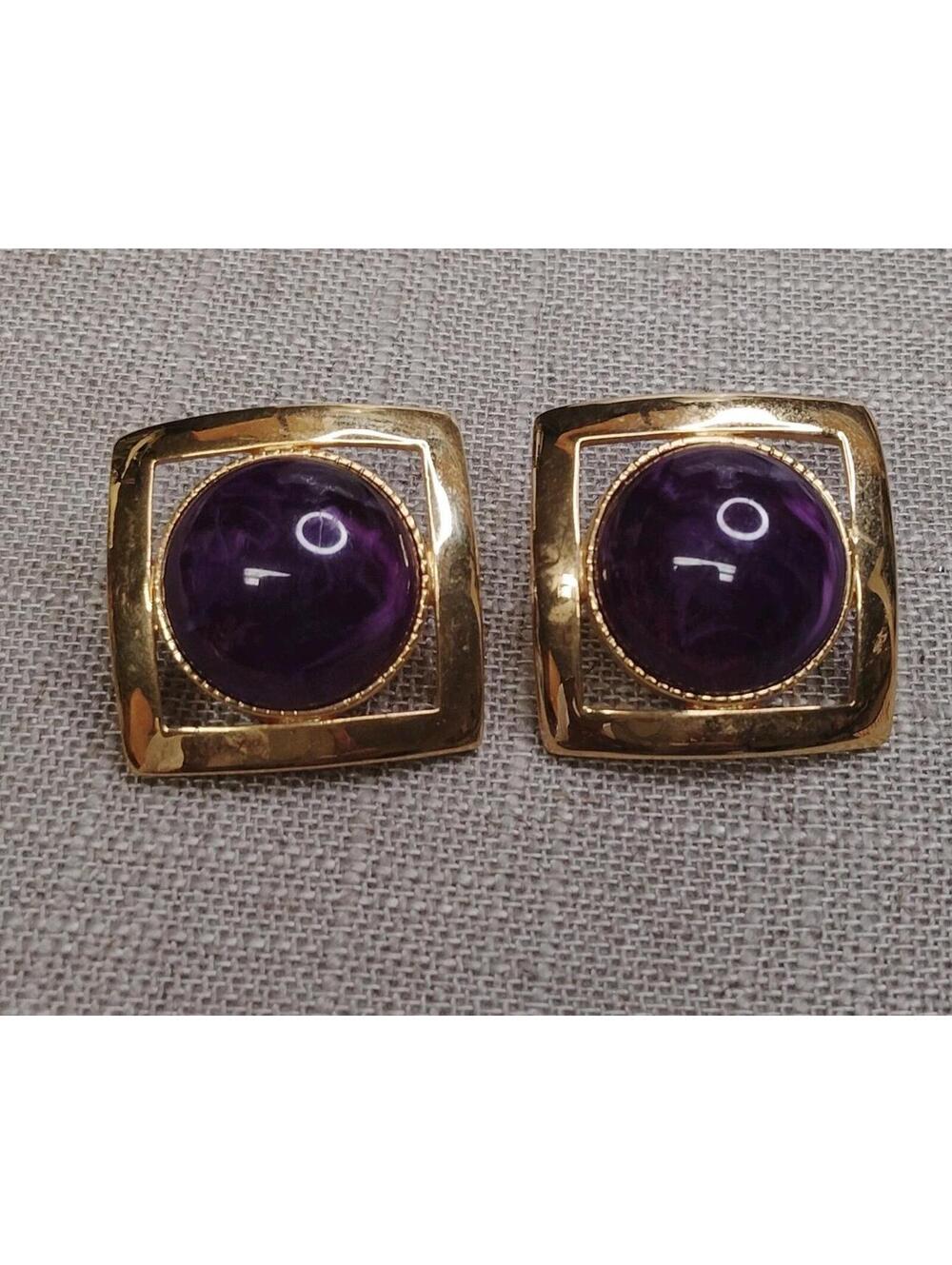 Vintage 1980s Gold-tone & Purple Lucite Square Clip On Earrings 1"